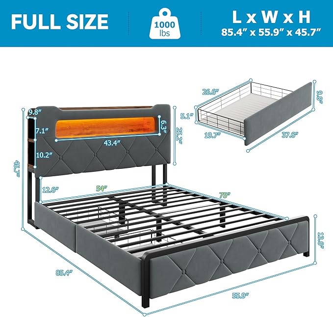 Full Upholstered LED Bed Frame with 2 Storage Drawers and 2-Tier Storage Headboard, Velvet Platform Bed with Charging Station & Bookcase, Heavy Duty Metal Support, No Box Spring Needed, Grey