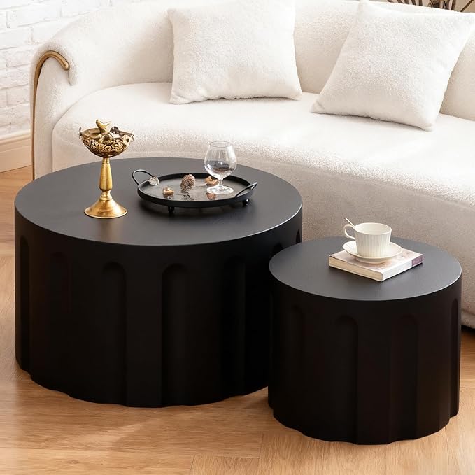 Round Nesting Coffee Table Set of 2, Round Fluted Coffee Tables for Living Room Modern Nesting End Side Tables for Small Spaces (B Black)