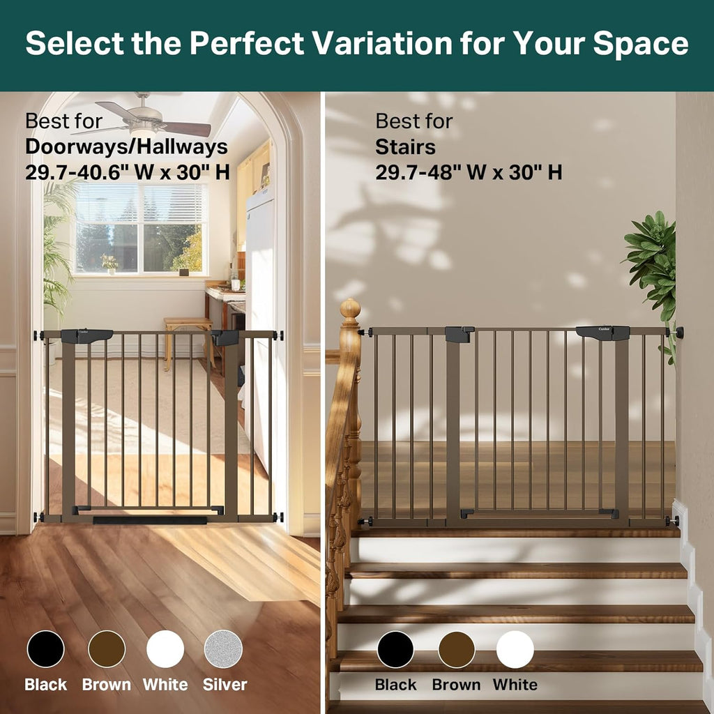 Cumbor 29.7-48" Baby Gate for Stairs, Mom's Choice Awards Winner-Dog Gate for Doorways, Auto Close Safety Pet Gate for Dogs Indoor, Easy Install Pressure Mounted Child Gate with Walk Thru Door, Brown