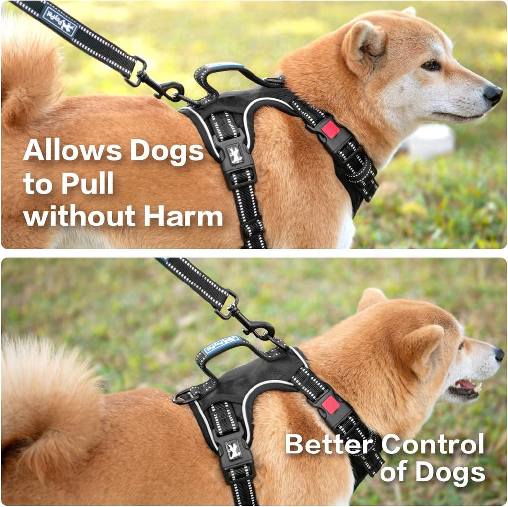 PoyPet No Pull Dog Harness, No Choke Front Clip Reflective Dog Vest with Soft Padded Vertical Handle, 3 Leash Attachments for Small Medium Large Dogs (Black,XL)