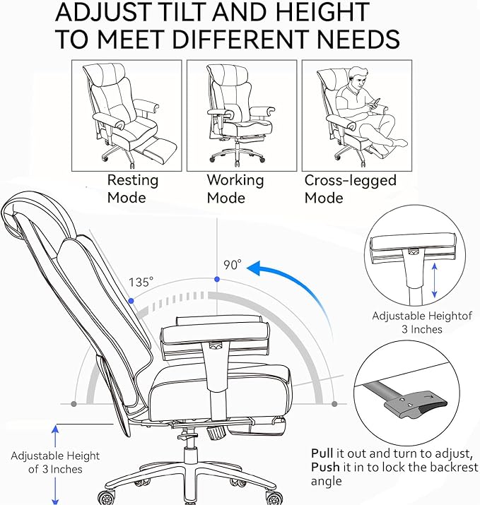 Efomao Desk Office Chair, Ergonomic Office Chair with Adjustable Headrest & Lumbar Support, PU Leather Back Computer Desk Chair for Home Office or Gaming, Swivel Height Adjustable Task Chair