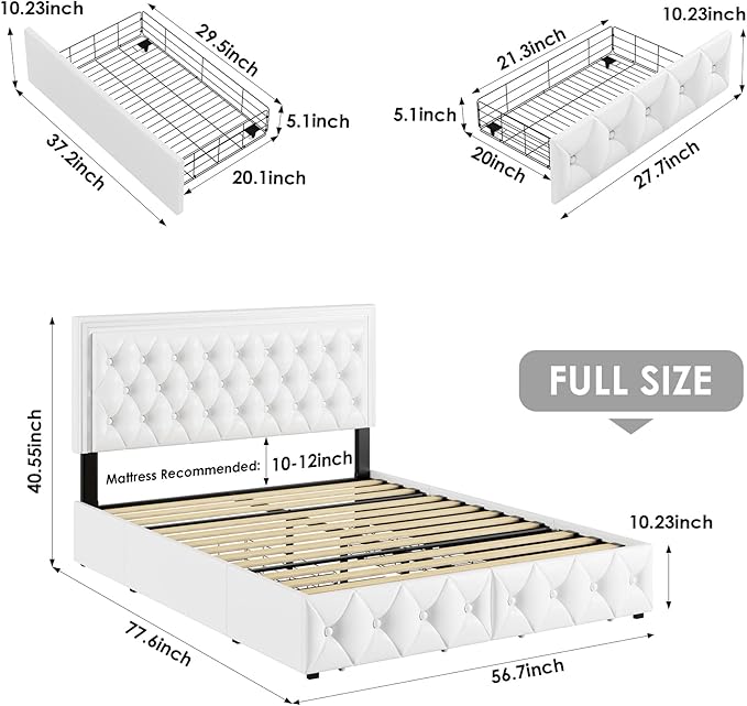 Keyluv Full Upholstered LED Bed Frame with 4 Drawers, Pu Leather Platform Storage Bed with Adjustable Button Tufted Headboard and Solid Wooden Slats Support, No Box Spring Needed, White