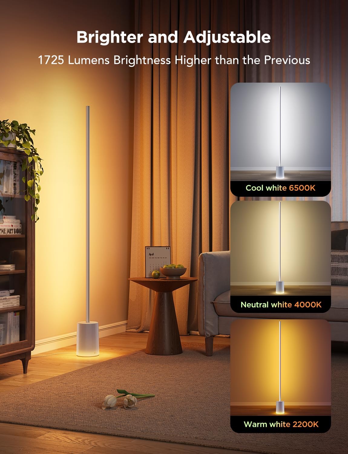 Govee Floor Lamp 2 with Matter, RGBIC, Warm Cool White LED, Alexa Compatible, 1725lm, Music Sync, Scene Modes, Smart Floor Lamp for Living Room, Bedroom, Silver(1 Pack)