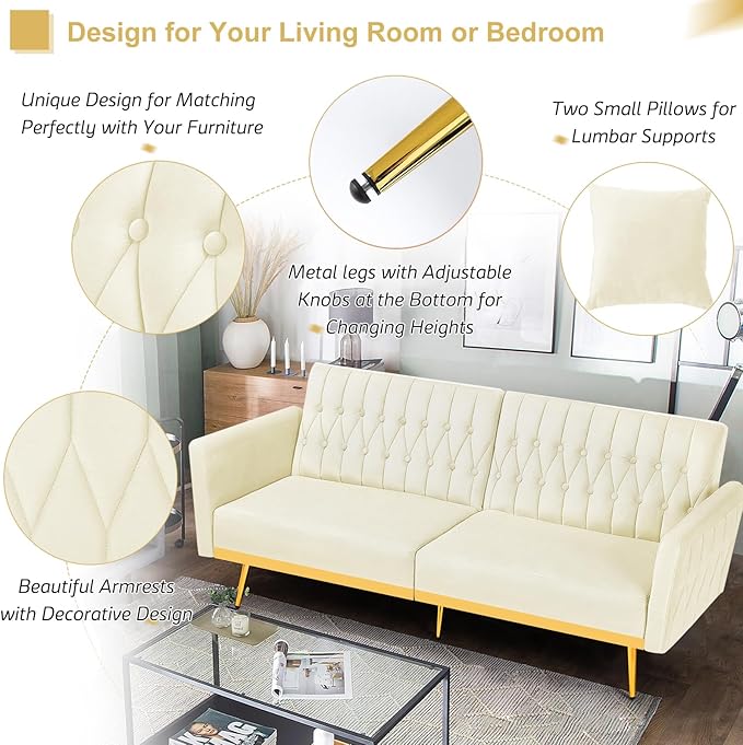 70” Velvet Futon Sofa Bed with 2 Pillows and Adjustable Armrests, Convertible Sleeper Bed W/Adjustable Backrests, Modern Loveseat for Living Room, Bedroom, Beige