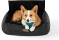 NANDOG Luxury Dog Car Seat Bed for Medium Dogs, Vegan Leather Pet Seat with Removable & Washable Cushion Insert, Thick Safety Seatbelt Straps, Secure Travel Carrier, Black, 22" L x 18" W