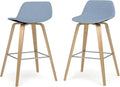 SIMPLIHOME Randolph Counter Stools (Set of 2) - 28 Inch Seat Height Upholstered Bentwood Kitchen Seats in Denim Blue Polyester Linen, Mid Century Modern Seating with Curved Backrest and Footrest
