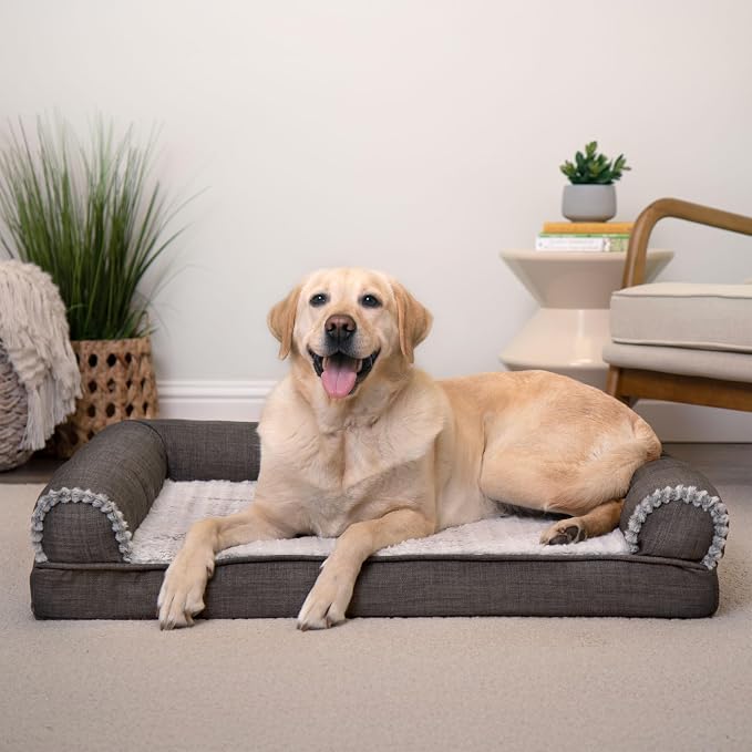 Furhaven Orthopedic Dog Bed for Large/Medium Dogs w/ Removable Bolsters & Washable Cover, For Dogs Up to 55 lbs - Luxe Faux Fur & Performance Linen Sofa - Charcoal, Large