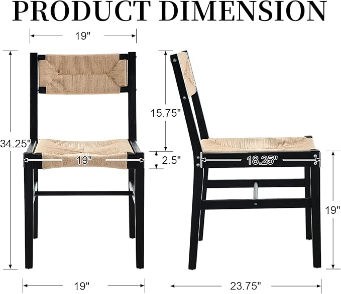 Modern Rattan Dining Chairs Set of 2, Boho Cane Farmhouse Chair, Black Wood Legs Dining Chairs with Open Back, Armless with Natural Weave 2.5 Inches Seat Kitchen Chairs for Living Room