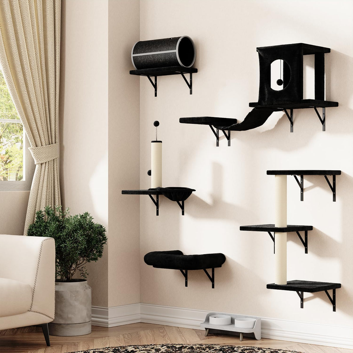 NUNU LAB 7-in-1 Wall Mounted Cat Climber Set, Cat Furniture with House, Tunnel, Bridge, Steps, Scratcher, Hammock, Shelves for Indoor, Black
