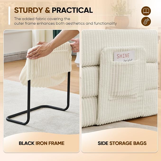 Antetek Convertible Sofa Bed, Comfy Corduroy Fluffy Love seat Sleeper Sofa, 5 in 1 Folding Couch Bed, Fold Out Floor Couch with Pillows for Bedroom, Living Room, Office, Wide Stripes, Beige