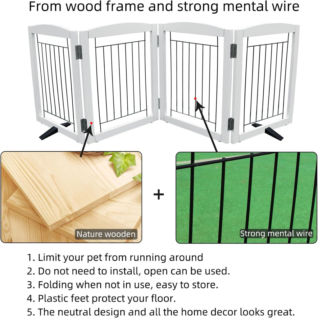 ZJSF Freestanding Dog Fence Indoor, Foldable Dog Gate for Doorways, Stairs or Hallways, Sturdy Wood Extra Wide Pet Gate with Support Feet for The House, White, 24 "Height-4 Panels