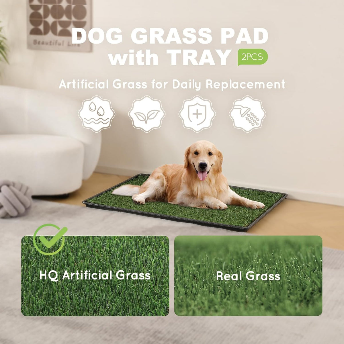 HQ4us Dog Grass Pad with Tray Extra Large 45”×34” Dog Litter Box Toilet with 2×Artificial Grass for Dogs with Hemmed Edge, Pee Pads for Dogs, Realistic, Less Stink, Potty for Balcony