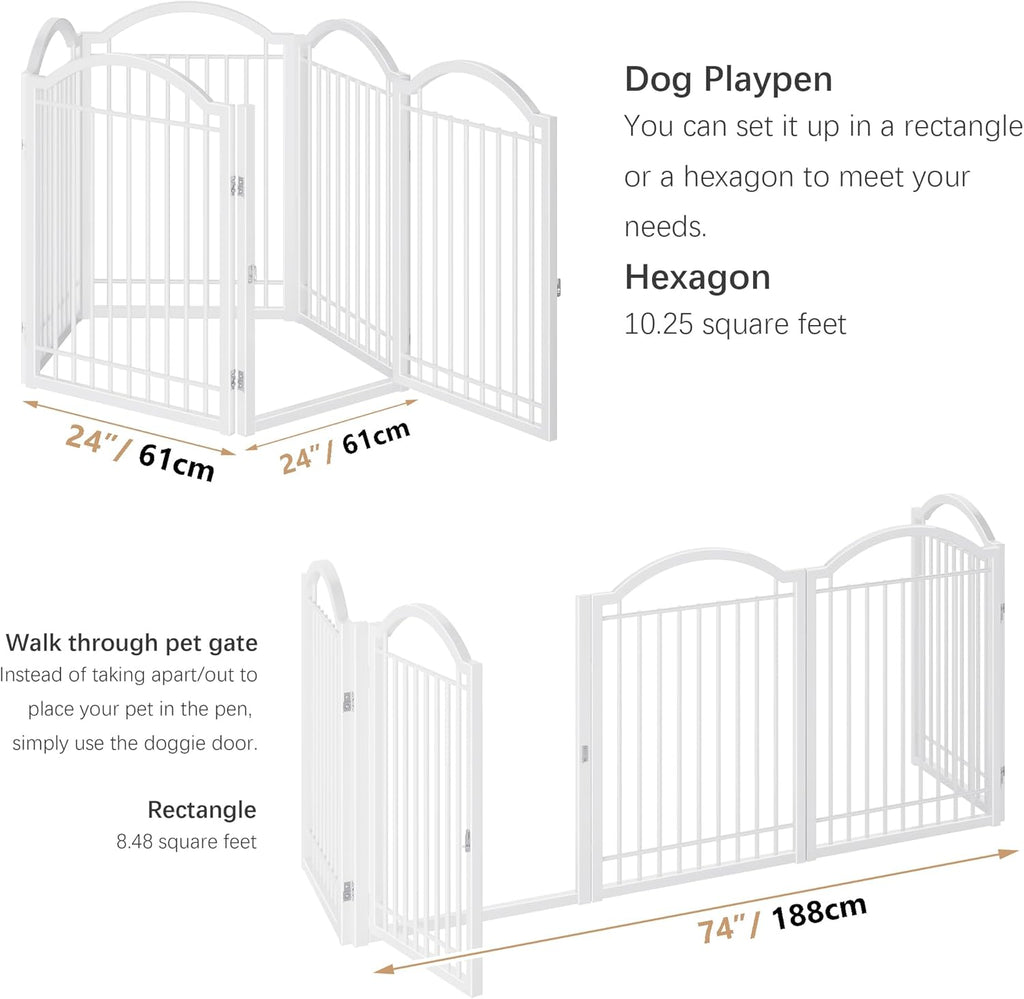 BHG Metal No-Assembly Freestanding Dog Gate with Door Walk Through, Extra Wide 120", Extra Tall 32" Pet Gate, Accordion Puppy Folding Playpen Dog Fence, with 2PCS Support (White, 5 Panels)