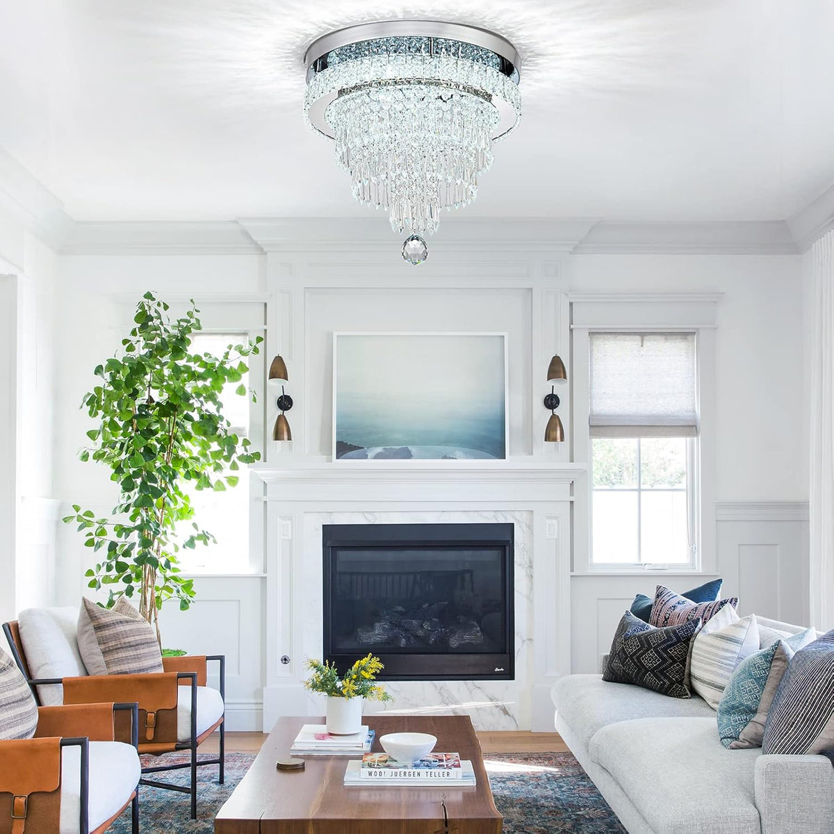 16“ Crystal Chandeliers Round Modern LED Chandelier Light Flush Mount Ceiling Light Fixtures with Remote Control for Bedroom Living Room Dining Room (dimmable)