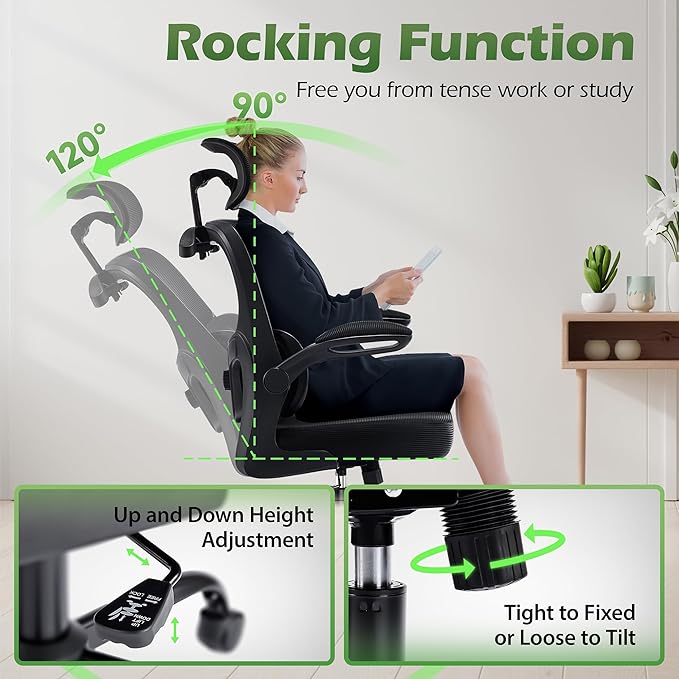 Office Chair Ergonomic Desk Chairs with Adjustable Lumbar Support& Headrest Hanger, High Back Breathable Mesh Chair with Wheels, Rolling Swivel Comfy Task Computer Chair for Home Work Gaming