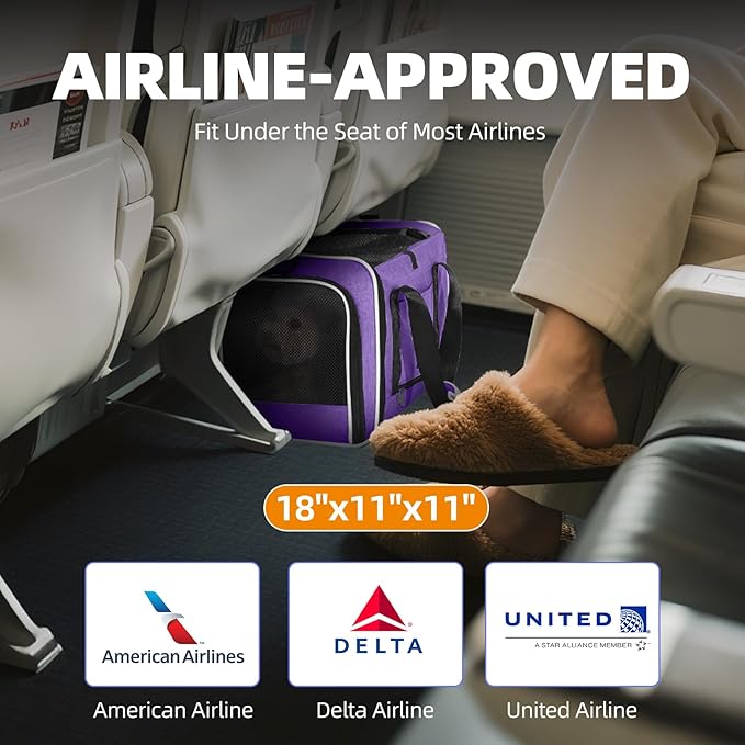 Top Open Medium Cat Carrier Roll Up Flap, Delta Approved TSA Pet Travel Crate Suitcase Luggage Sleeve, Soft-Sided Dog Kennel Bag 18"x11"x11" United, American Airline Under Plane Seat Purple