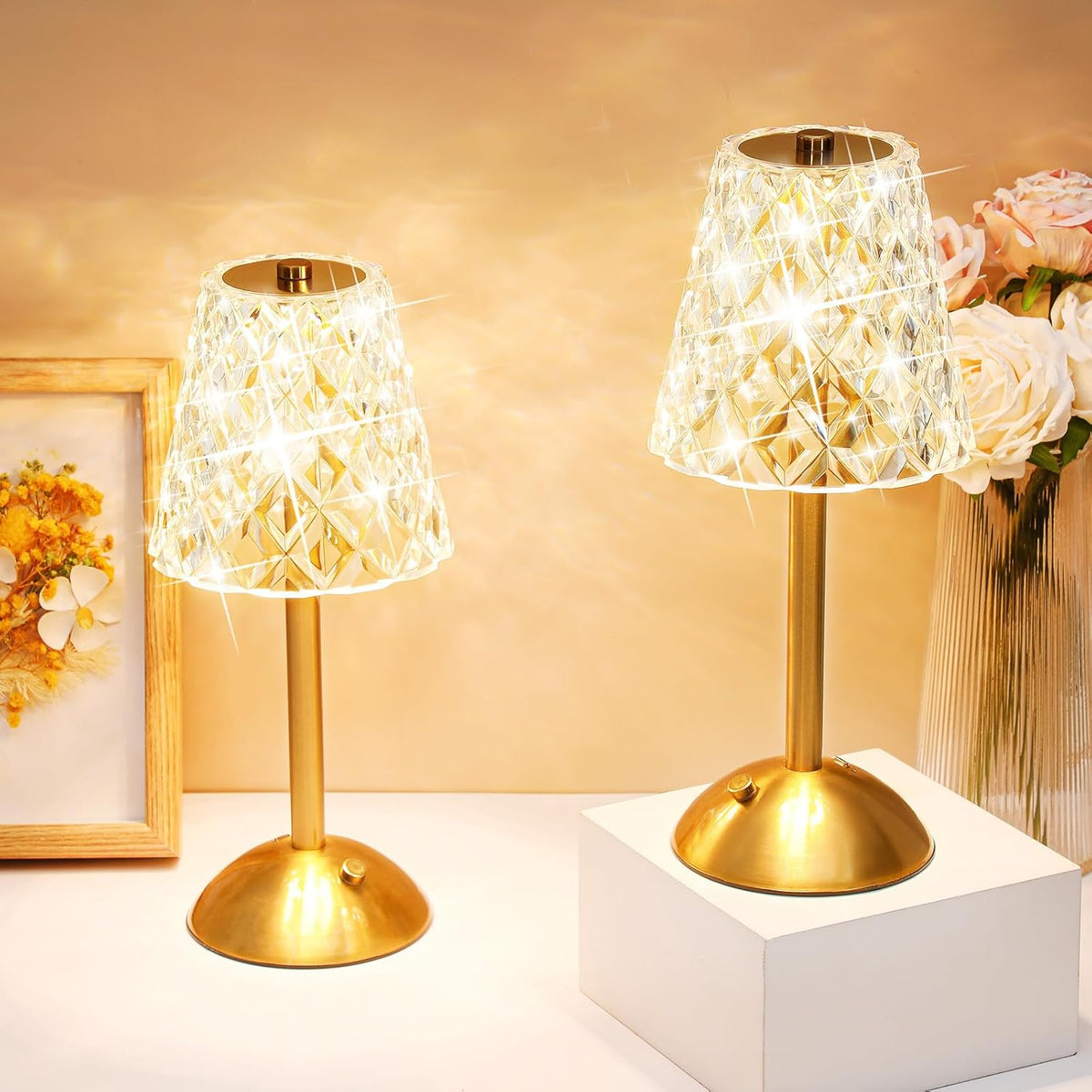 Liliful 2 Pcs LED Portable Cordless Table Lamp Touch Battery Operated Rechargeable Desk Lamp 3 Color Dimmable for Bedroom Living Room Dining (Diamond Style,Gold)
