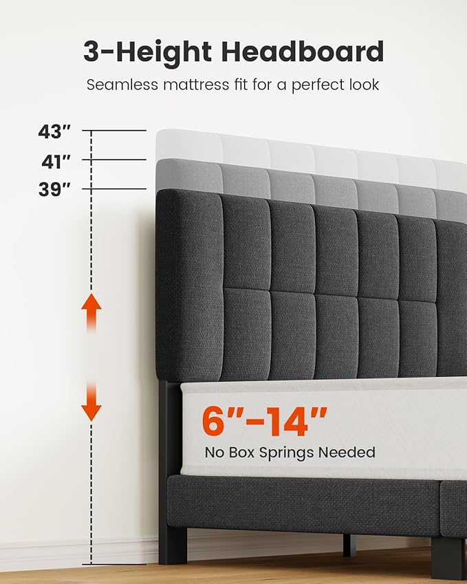 Amada Queen Platform Bed Frame with 12 Thickened Legs & Adjustable Fabric Upholstered Headboard, Solid Wooden Support 1300 Lbs Weight Capacity, No Box Spring Needed/Easy Assembly/Underbed Storage
