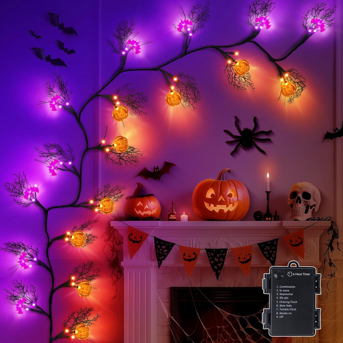 [8 Modes & Timer] 6Ft 45 LED Halloween Willow Vine Twig Garland with Orange Lights - Battery Operated, Waterproof Halloween Decor for Indoor Wall, Fireplace Mantle, Home Party (Pumpkins & Bats, 6FT)
