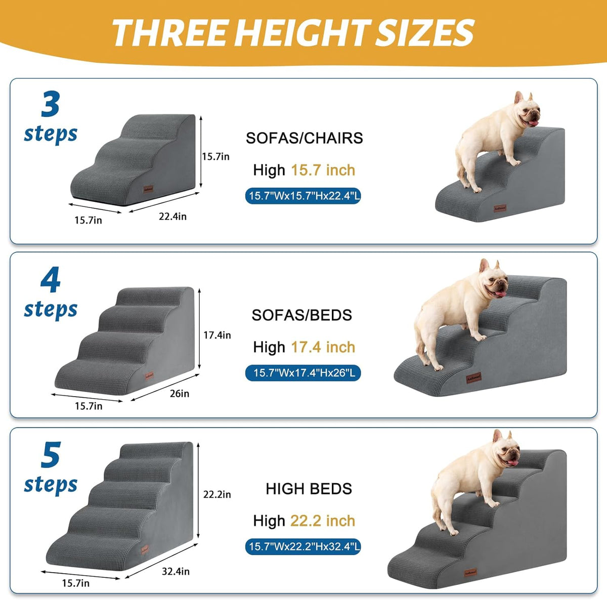5-Step Dog Stairs and Ramp for High Bed, Non-Slip Sturdy Pet Steps for Small Dogs and Cats,22.2" H,Grey
