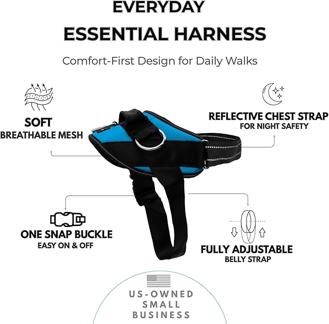 ShawnCo Essential Dog Harness, No-Pull Pet Vest (Oceanic Blue,XS) | 3 Leash Clips, Easy On, No-Choke, Reflective, Adjustable Fit, Padded Comfort, Control Handle, For Small, Medium & Large Dogs