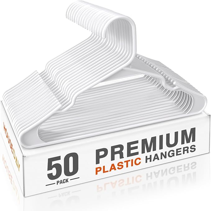 HOUSE DAY Plastic Hangers 50 Pack - White Clothes Hangers with Non-Slip Shoulder Grooves, Durable and Sturdy Coat Hanger, Space Saving Slim Design Perfect for Closet Organizers and Storage