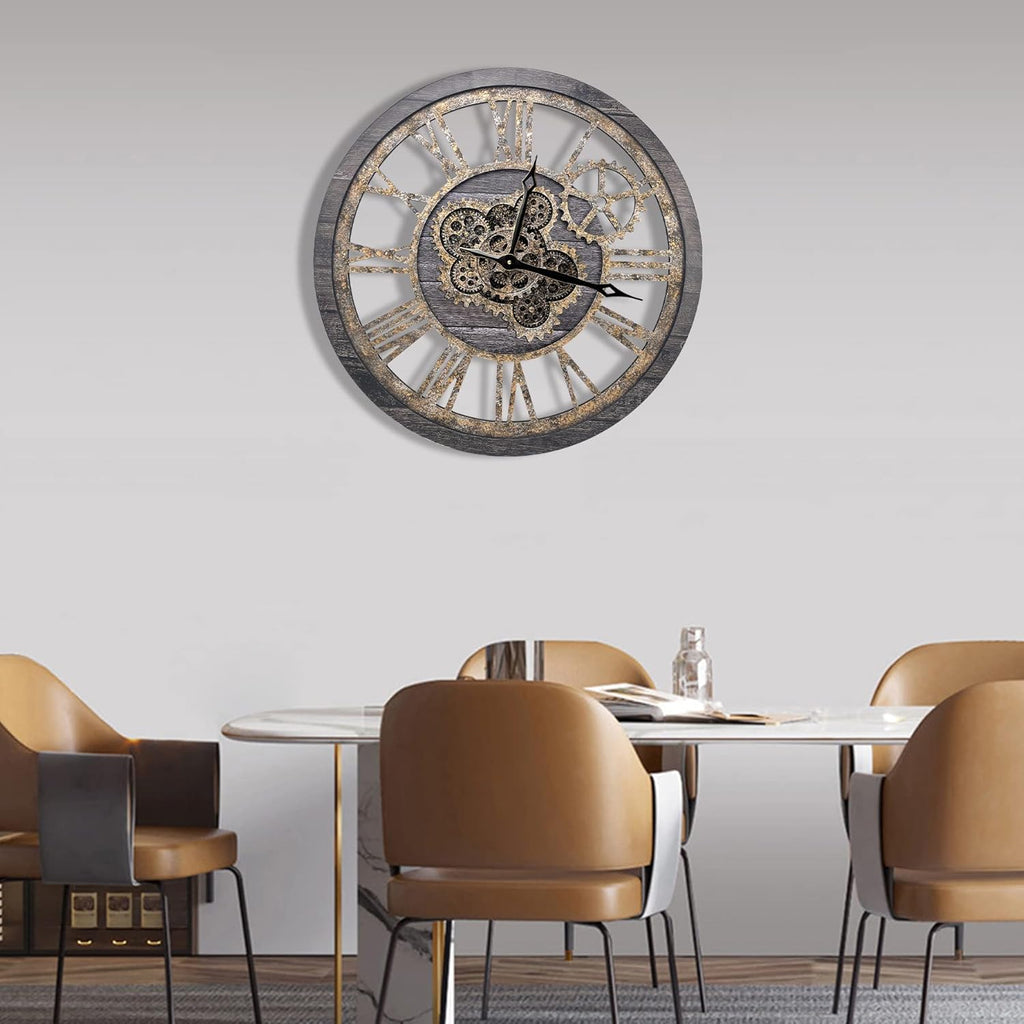 The B-Style Large Wall Clock 18 inch Moving Gear Wall Clock Oversized Vintage Farmhouse Wall Clocks for Living Room Decor Rustic Industrial Wood Clock (Carbon Gray)