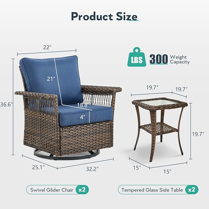 Outdoor Swivel Glider Chairs - 3 Pieces Hollow Widen Armrests Wicker Patio Furniture Set with Side Table, High Back Outside Swivel Rocker for Balcony Porch Deck and Yard - Brown/Blue
