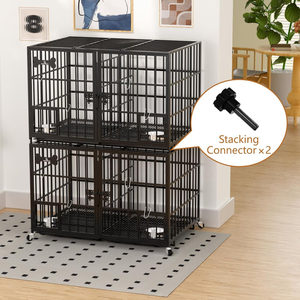 aboxoo 42 inch Stackable Heavy Duty Metal Dog Crate for 4 Dogs/Large Dog,All Metal Open Top Access,Escape Proof Cage,Dog Kennel Indoor with Wheels,Floor Grid, Tray, Divider and Feeding Bowl