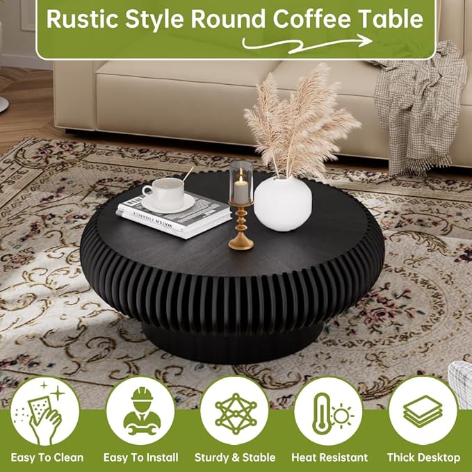 Black Round Coffee Table for Living Room Round Fluted Drum Coffee Table Modern Fluted Coffee Tables for Living Room (Black, 31.4 inch)