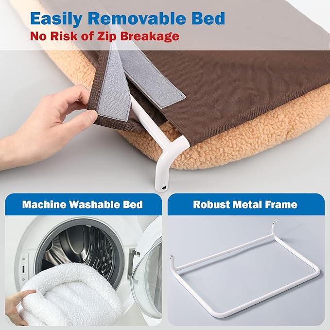 Zakkart Foldable Cat Hammock for Window - Cordless, Machine Washable Bed, Robust Metal Frame & ABS Brackets - Cat Window Perch for Large Cats and Kitten (Brown Bolster Bed, Large)