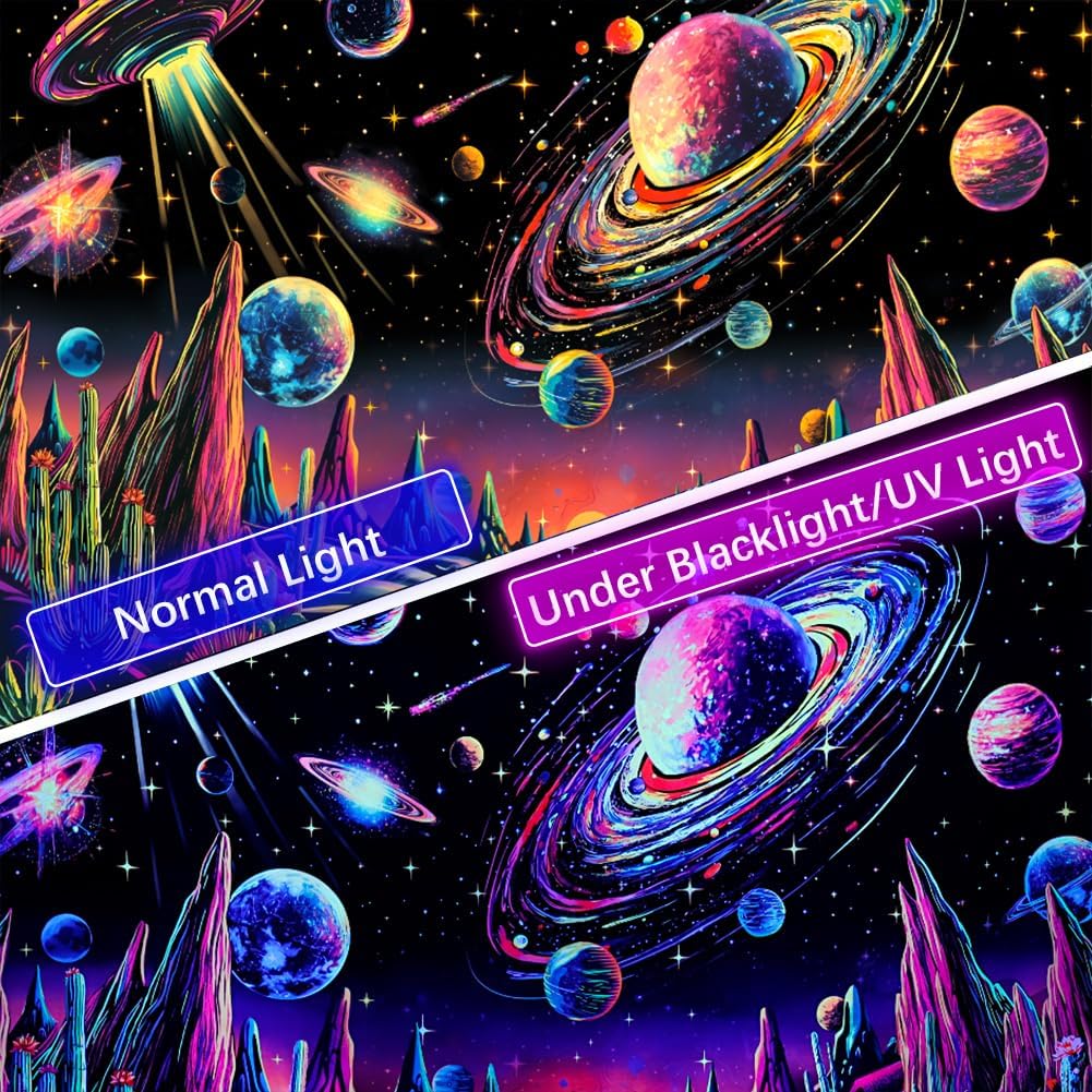 Tushelia Blacklight Galaxy Space Tapestry Neon Planet UFO Tapestries UV Reactive Cactus Mountain Wall Decor Black Light Starry Night Sky Tapestry Wall Hanging for Bedroom