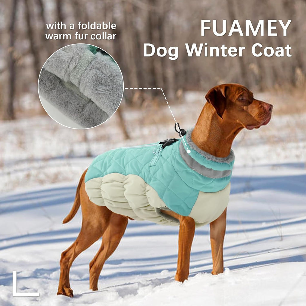 FUAMEY Dog Coat for Large Dogs,Waterproof Dog Winter Jacket with Harness Built in Puppy Cold Weather Coats Reflective Pet Vest with Zipper Warm Fleece Dogs Snowsuit Windproof Mint Green XXL