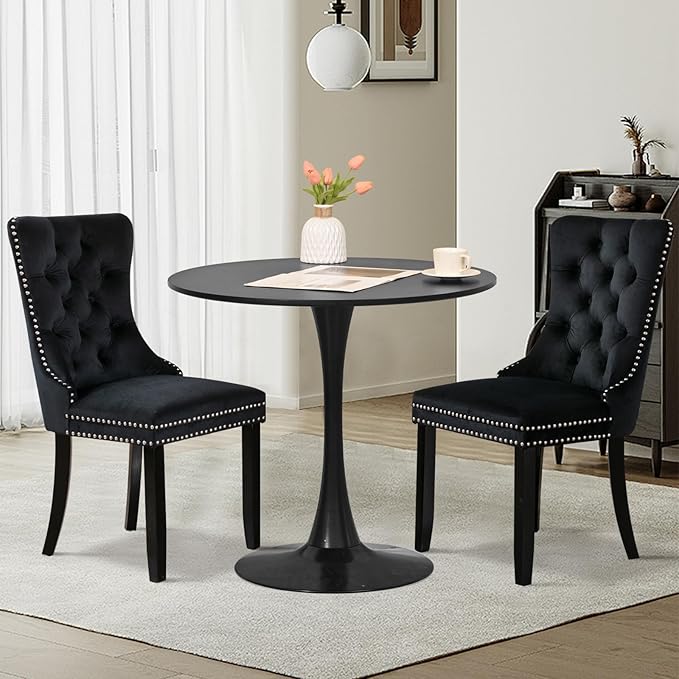 SoarFlash Kitchen Table and Chairs for 2, 31.5" Dining Table Set for 2 with Velvet Upholstered Chairs, 3 Piece Round Kitchen Table Set, Dining Room Table Set for Small Space, Apartment, Black/Black