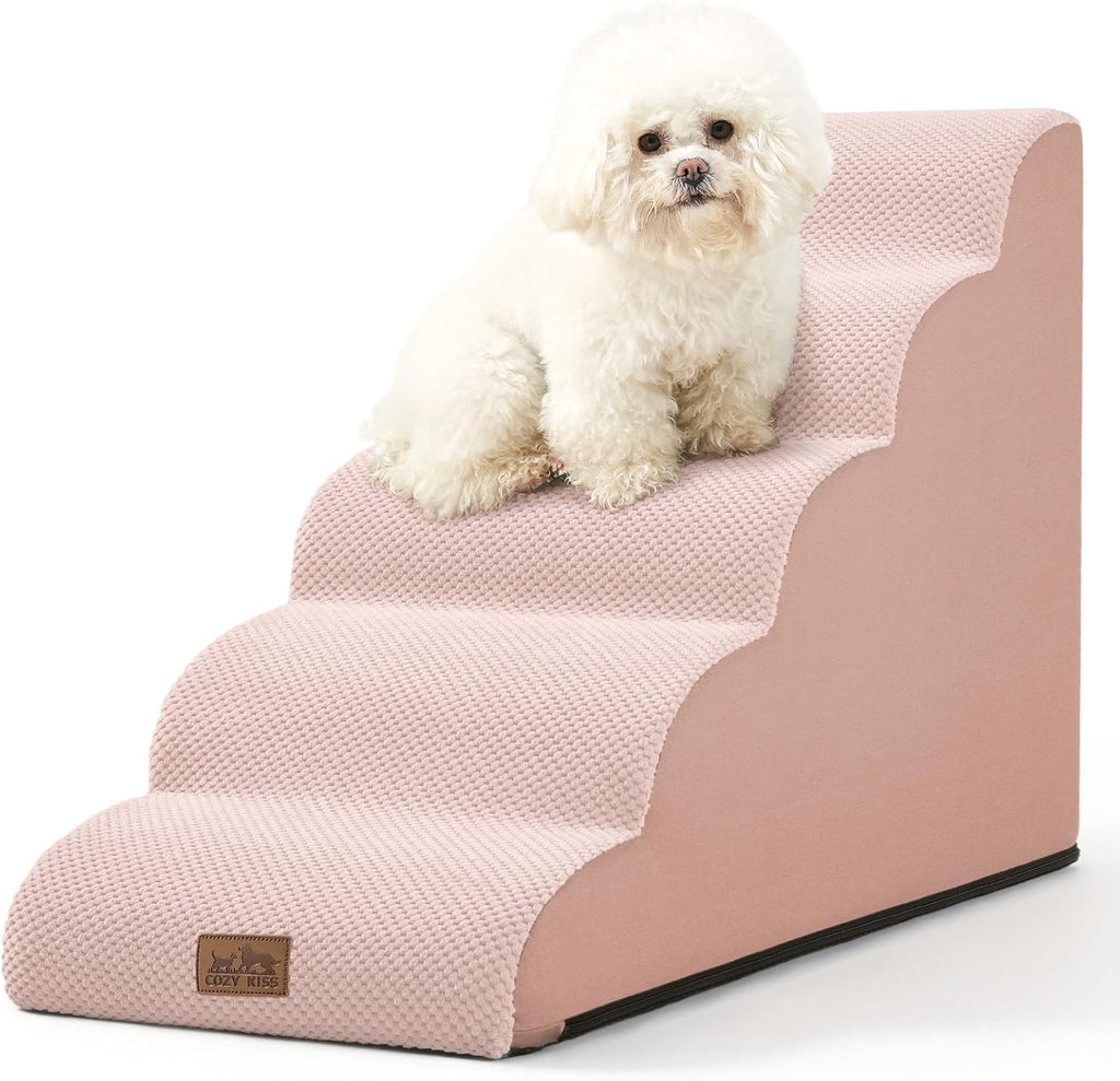 Dog Stairs for High Bed 22.6" H, Small Dog Step for Puppy, Older or Cat, Curved Ramp for Car, Ladder with High Density Foam, Lightweight, Durable, 15.7x33x22.6 inch, 5 Step, Pink