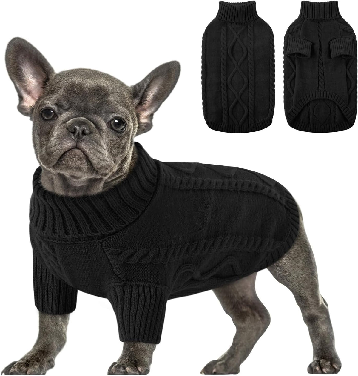 Queenmore Small Dog Pullover Sweater, Cold Weather Cable Knitwear, Classic Turtleneck Thick Warm Clothes for Chihuahua, Bulldog, Dachshund, Pug (Black, X-Large)