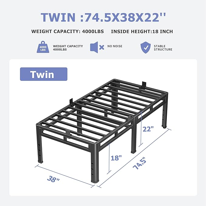 NKZ 22 Inch Twin Size Bed Frame, Metal Bed Frame & Box Spring 2 in 1 Platform with Round Corner Legs, 4000Lbs Heavy Duty Metal Frame, Mattress Slide Stopper, Headboard Hole, Noise-Free, Easy Assembly