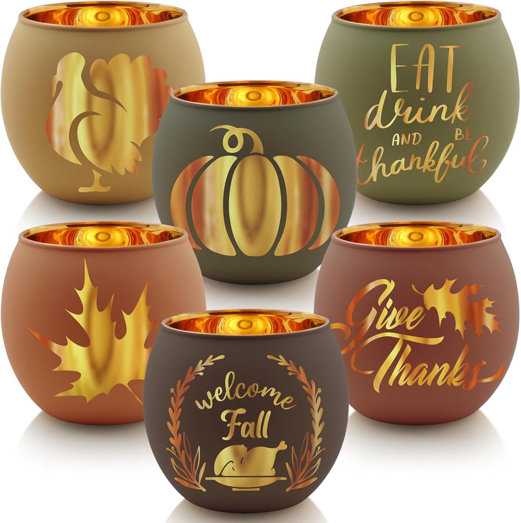 SHMILMH Thanksgiving Votive Candle Holder Set of 12, Glass Tealight Votives Holder with 6 Laser Engraving Patterns, Fall Table Centerpiece Indoor Outdoor Decor