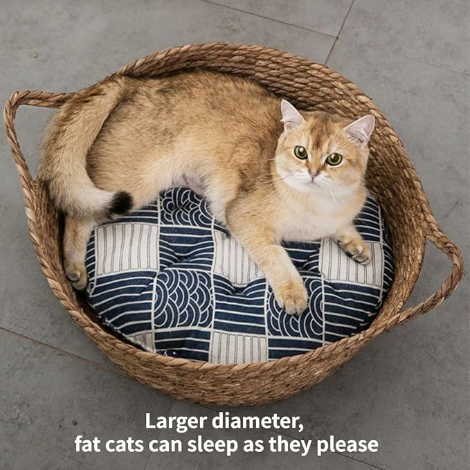 Cat Bed, Straw Woven Cat Baskets Bed, Round Wicker Cat Basket Nest, Non-Slip Cozy Kitten Bed for Cats Small Dog (Only Nest,Large)