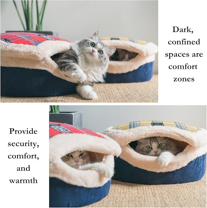 Cat Cave Bed – Plush, Warm & Calming Hideaway with Detachable Lid & Mat, Covered House for Indoor Kitten & Kitty (Brown)