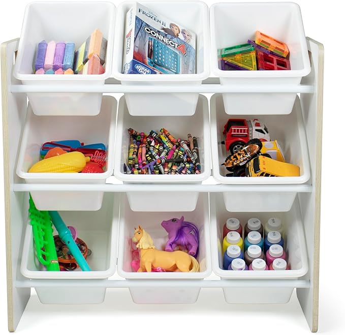 Humble Crew 9-Bin Toy Organizer – Hampton Sandwashed with White Plastic Bins, 3-Tier Storage Solution for Kids' Playrooms and Nurseries