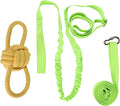 Dog Bungee Tug Toy, Hanging Tether Tug of War for Various of Dogs to Exercie and Play, Outdoor Retractable Dog Rope with Cotton Chew Toy (Green Strap)