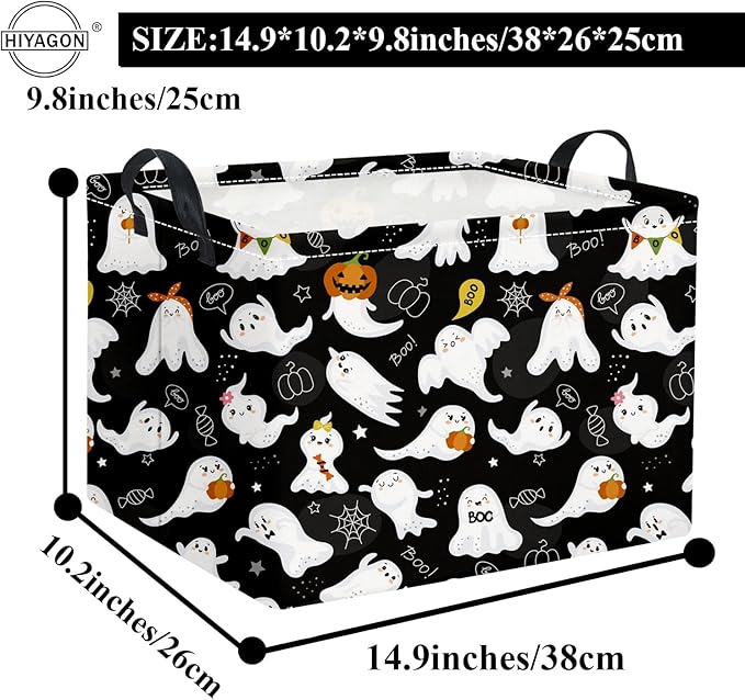 HIYAGON Rectangular Halloween Basket for Boys and Girls Kids Trick or Treat Pumpkin Basket for Halloween Parties Cute Storage Bin Organizer Box Room Decor(Black ghost)
