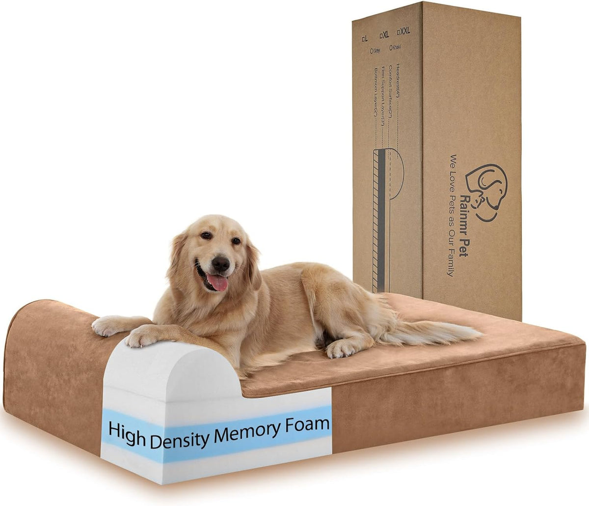 Large Orthopedic Dog Bed, 7" Memory Foam with Waterproof Liner, Chew Resistant Microsuede Cover, Removable and Washable, for Indoor, Outdoor, and Car Use, Nonskid Base, 48"x30" L Khaki