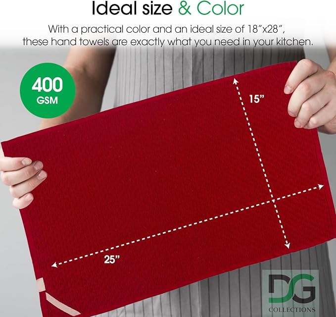 DG Collections Terry Dish Towels, 100% Cotton Kitchen Towels, Set of 8 (15x25 inch) Hand Towels - 400 GSM, Absorbent Terry Cloth Dish Towels for Kitchen, Soft Tea Towels - Red Color