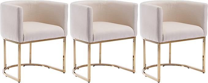 Linen Fabric Dining Chairs Set of 3 Modern Barrel Arm Chairs with Golden Frame, Upholstered Kitchen Chairs 18.5" Wide Accent Chairs for Living Room Dining Room Restaurant, Cream