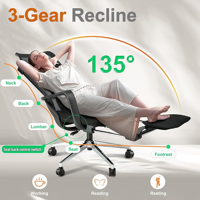 Ergonomic Office Chair with Footrest,High Back Desk Chair with Vertically Adjustable Headrest and Waist Support,3 Gear Tilting Backrest,400lbs Weight Capacity Metal Base with Swivel Wheels