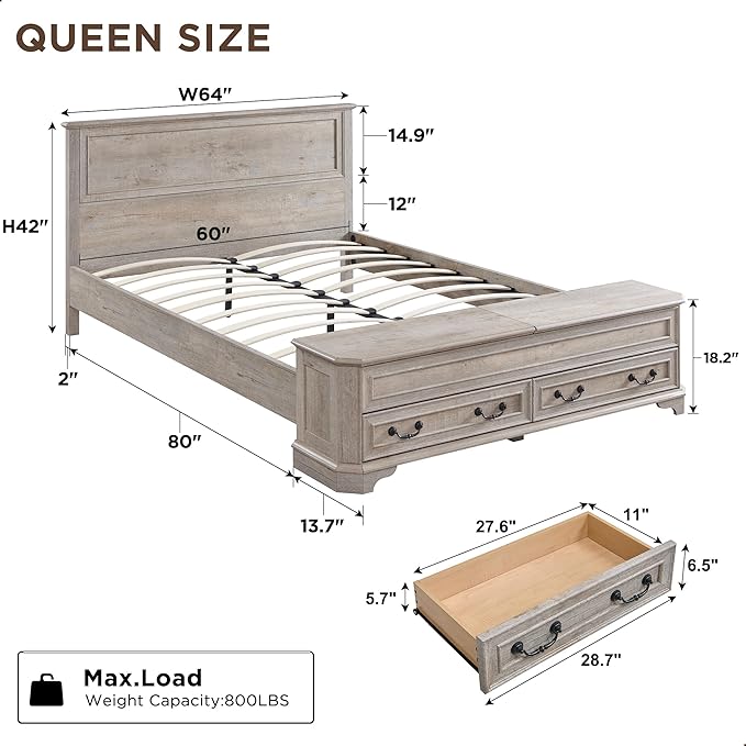 T4TREAM Farmhouse Queen Bed with Headboard and Storage Bench, Rustic Wood Platform Bed with 64" Storage Chest w/ 4 Large Drawer, Light Rustic Oak