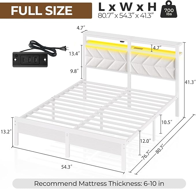 Seventable Bed Frame Full Size with Charging Station, LED Bed with Upholstered Storage Headboard, Metal Platform Bed with Under Bed Storage, No Box Spring Needed, Noise Free, Easy Assembly, White