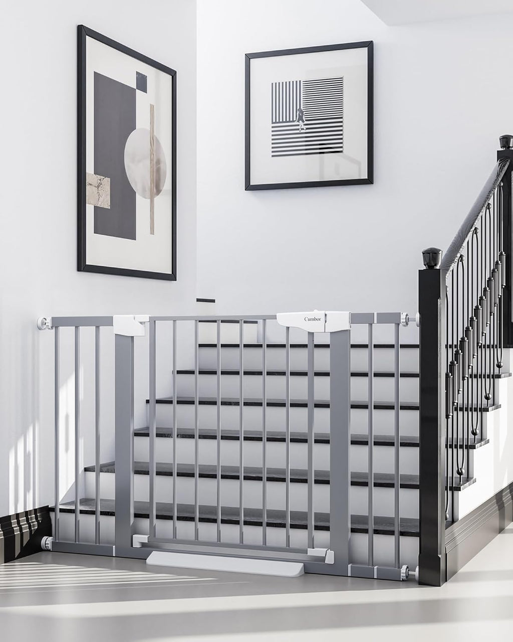Cumbor 29.7-46" Baby Gate for Stairs, Gifts for Mom-Auto Close Dog Gate for The House, Easy Install Pressure Mounted Pet Gates for Doorways, Easy Walk Thru Wide Safety Gate for Dog, Gray